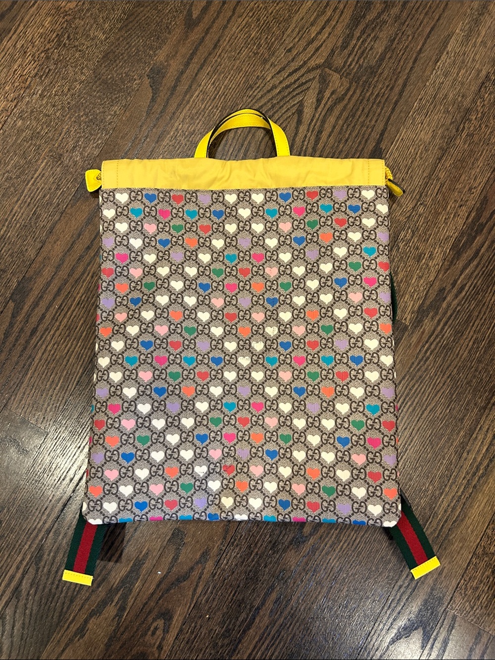 Gucci Multicolor Heart GG Canvas Backpack with Yellow Trim